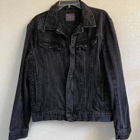 Zara Man Distressed Black Denim Jacket Zip Closure Cotton Size XL - Picture 1 of 12